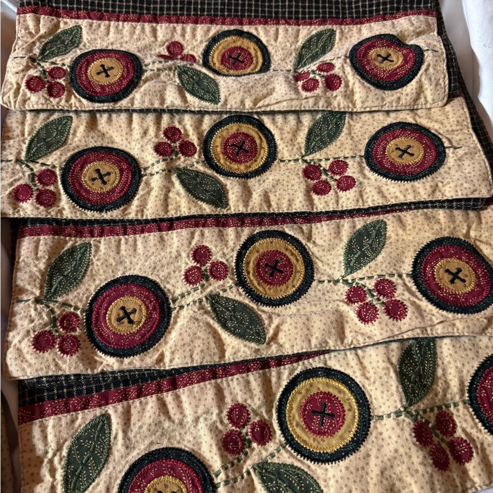 Embroidered Floral Curtain Topper in Gold, Cranberry and Navy.
